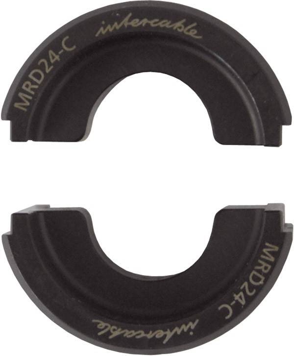 Zwei schwarze kreisförmige Metallklammern, jede mit der markierten Nummer 'MRD24-C' und einer halbkreisförmigen Öffnung, positioniert mit den Öffnungen zueinander gerichtet.