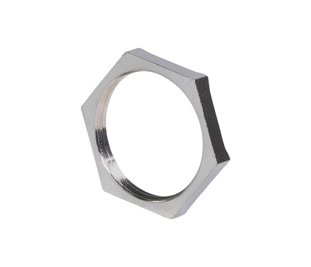 Ein sechseckiger Metall-Mutternring, der zum Sichern und Befestigen in Bau oder Maschinenbau verwendet wird, vor einem einfarbigen weißen Hintergrund.