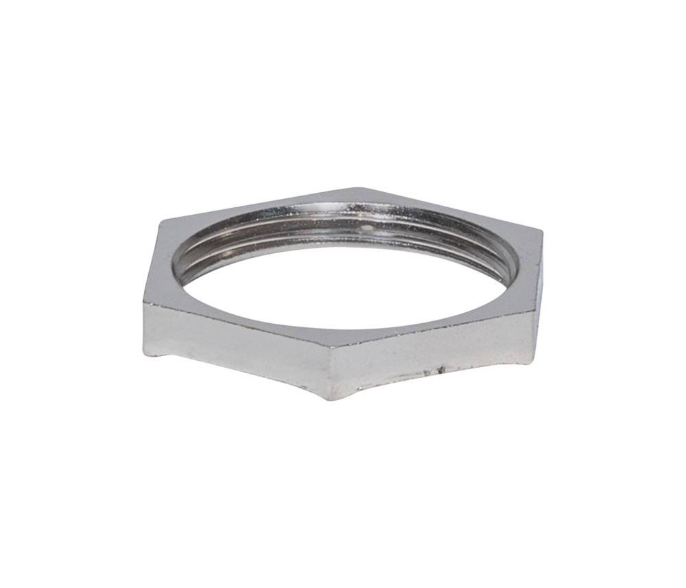 Eine sechseckige, silberfarbene Metallfeder mit Innengewinde, die zum Befestigen an einer Schraube oder einem Bolzen verwendet wird.