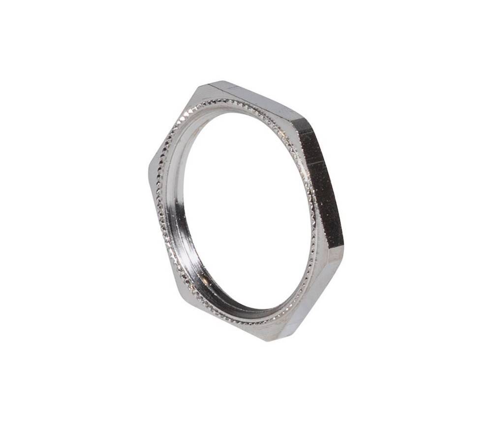 Eine sechseckige Metallscheibe mit glatten Kanten, die üblicherweise als Befestigungsmutter in mechanischen Baugruppen verwendet wird.