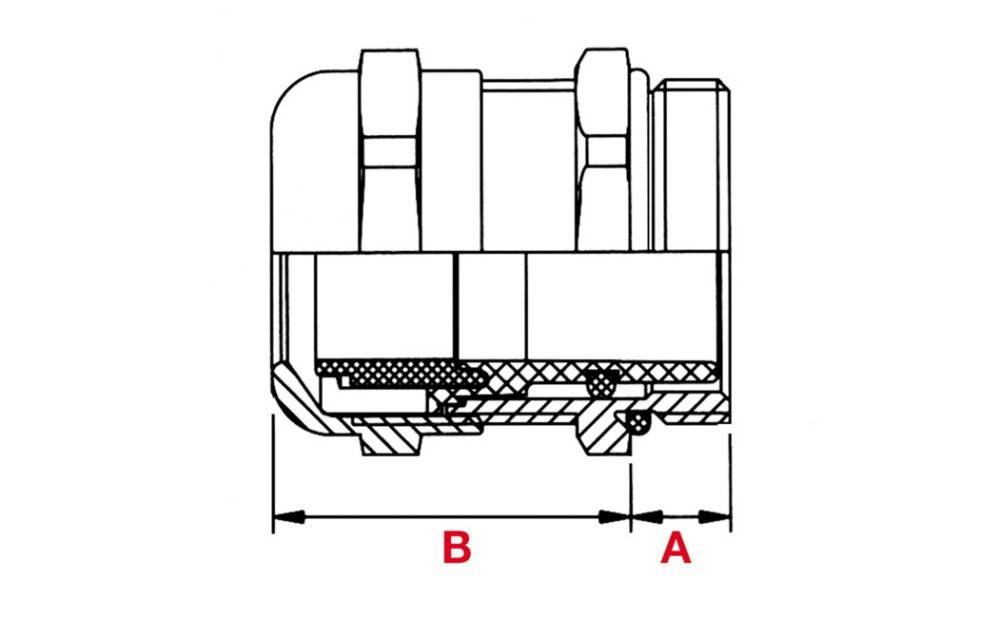 Technische Zeichnung einer zylindrischen mechanischen Komponente, mit Schnittansicht und als 'A' und 'B' markierten Abmessungen am unteren Rand.