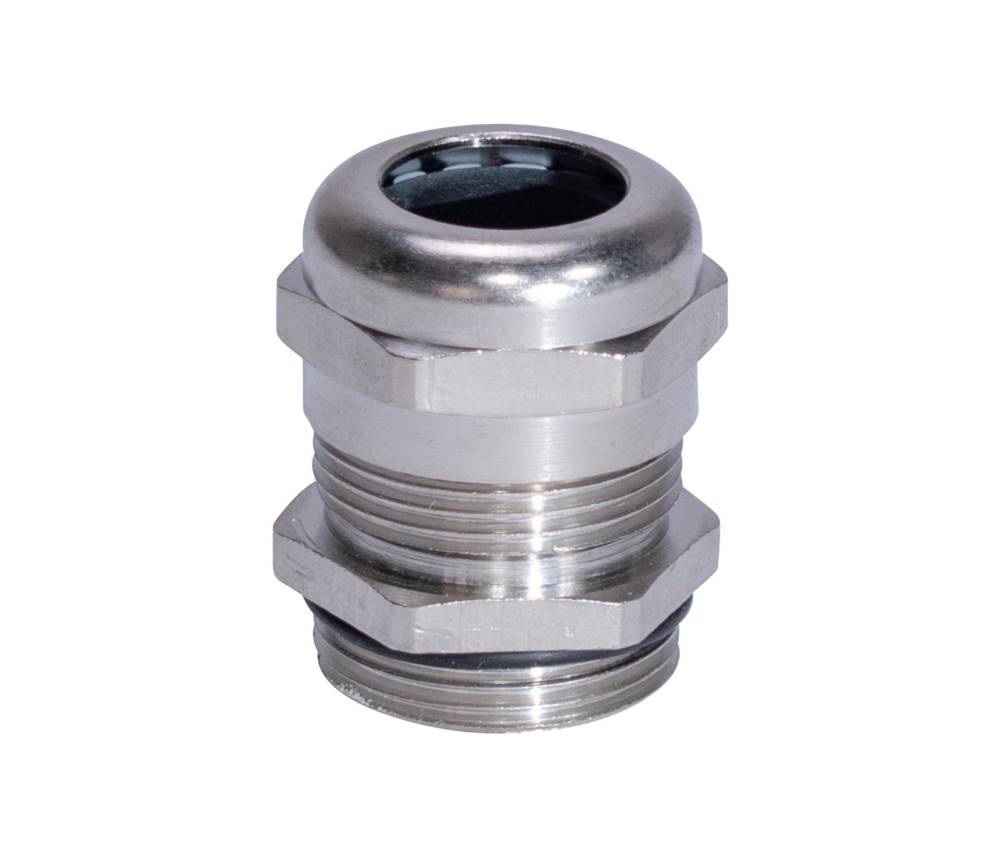 Metall-Kabelverschraubung mit Gewindegehäuse und Sechskantmutter, die zur Befestigung von Kabeln und zur Zugentlastung in elektrischen Gehäusen verwendet wird.
