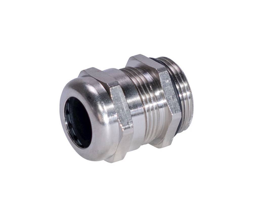 Eine Kabelverschraubung aus Metall mit sechskantigem Befestigungsring und Gewindegehäuse, die zum Befestigen und Abdichten von Kabeln beim Durchgang durch ein Gehäuse oder eine Platte konzipiert ist.