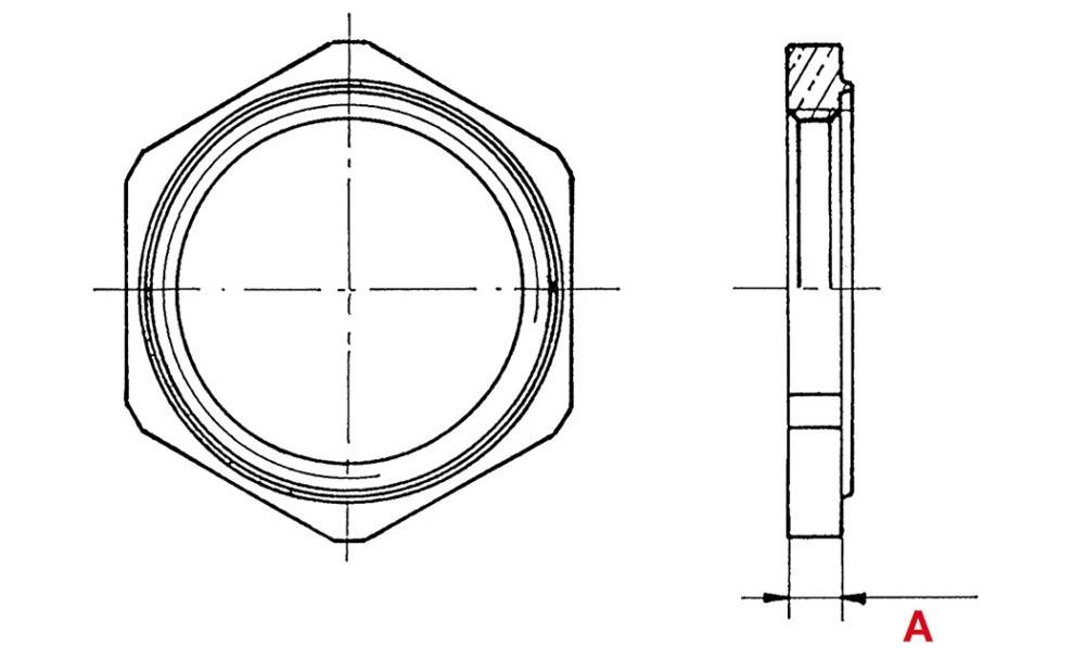 Technische Zeichnung einer Sechskantmutter, Vorder- und Seitenansicht mit präzisen Maßen und Gewindedetails.