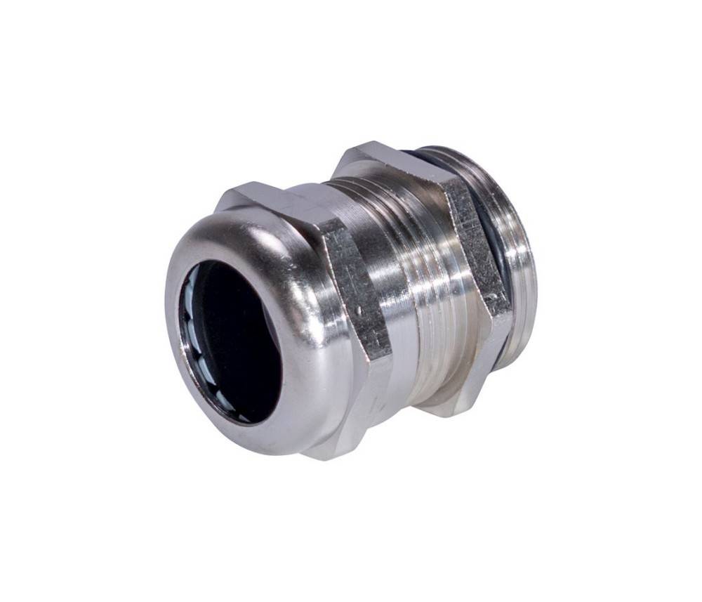 Metall-Kabelverschraubung in Silberfarbe mit gewindeter Körper und sechskantiger Sicherungsmutter, konzipiert zur Befestigung und zum Schutz von Kabeleinführungspunkten.