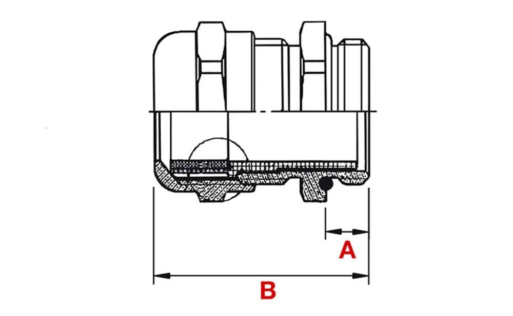 Eine technische Zeichnung, die einen Schnittansicht einer mechanischen Komponente zeigt, mit zwei beschrifteten Dimensionen: 'A', welche eine kürzere Breite repräsentiert, und 'B', die eine längere Breite darstellt.
