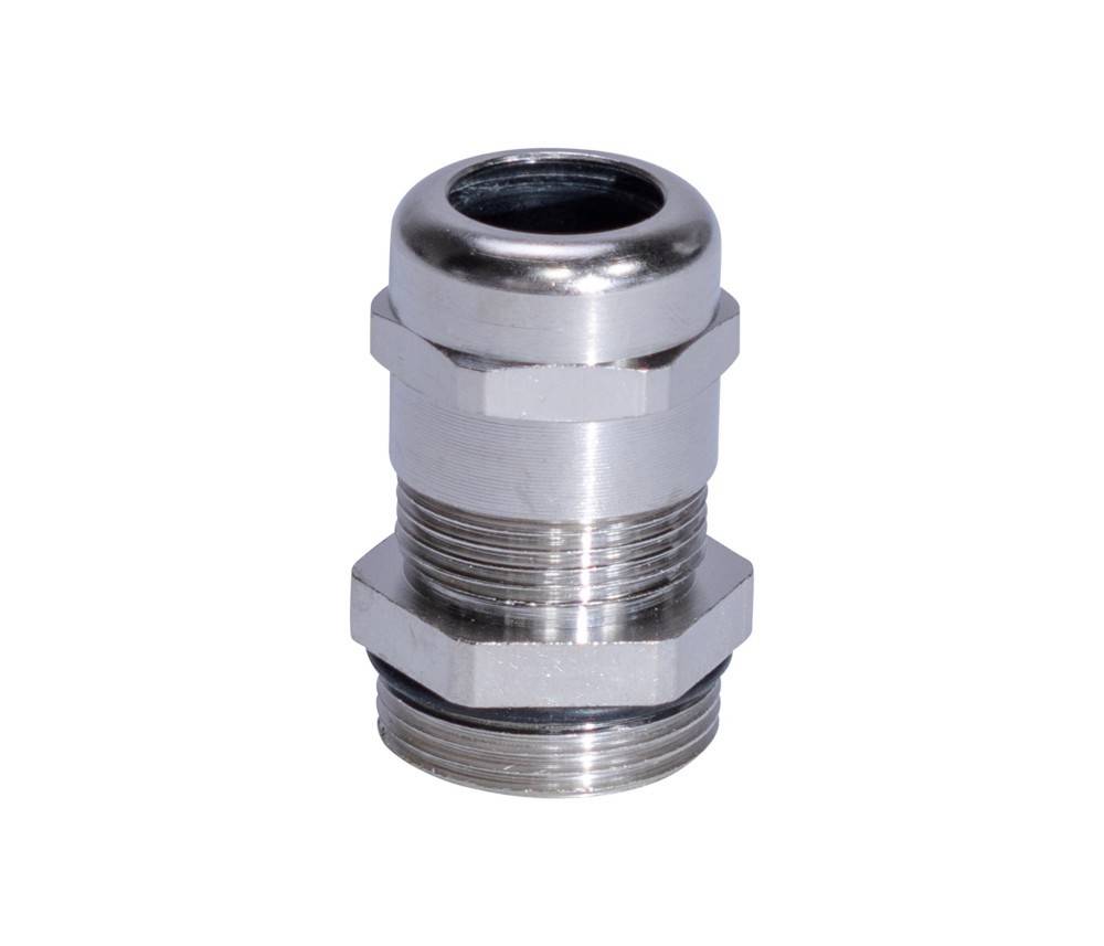 Eine Kabelverschraubung aus Silbermetall mit einem Gewindelib und einer Gummidichtung, die zum Sichern von Kabeln sowie zur Zugentlastung und Isolierung verwendet wird.