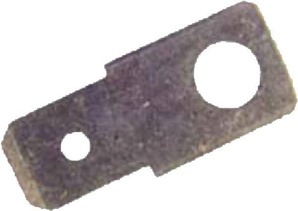 Ein verwitterter Metallbeschlag mit zwei Löchern, einem großen und einem kleinen, der zum Befestigen oder Abstützen von Strukturen verwendet wird.