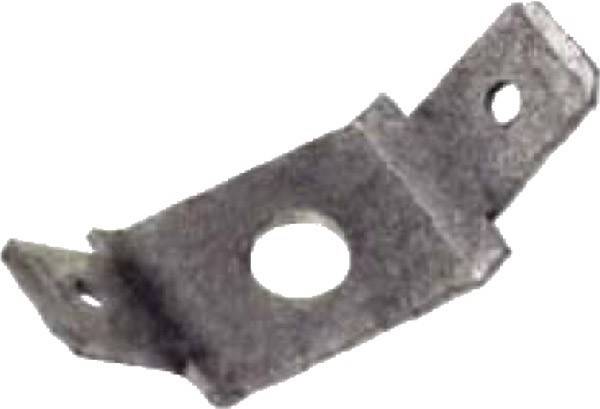 Eine kleine Metallhalterung mit einem zentralen Loch und gebogenen Kanten, die zum Befestigen oder Sichern von Objekten verwendet wird.