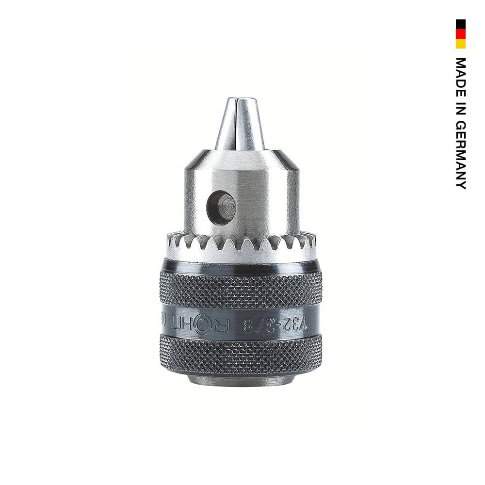 Ein glänzendes, metallisches Bohrfutter zur Befestigung von Bohrern, das präzisions Zahnräder und ein sicheres Griffdesign zeigt, vor einem einfachen Hintergrund.