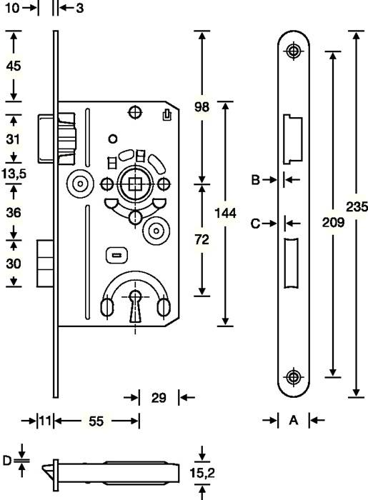 Technische Zeichnung eines Schlossmechanismus mit Maßangaben in Millimetern, die Abmessungen und Positionierung der Komponenten für die Installation zeigt.