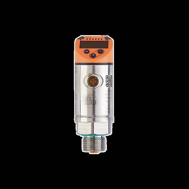 Ein zylindrischer elektronischer Sensor mit orangefarbener Oberseite, drei schwarzen Tasten und einem Befestigungsgewinde am unteren Ende, der für industrielle Anwendungen verwendet wird.