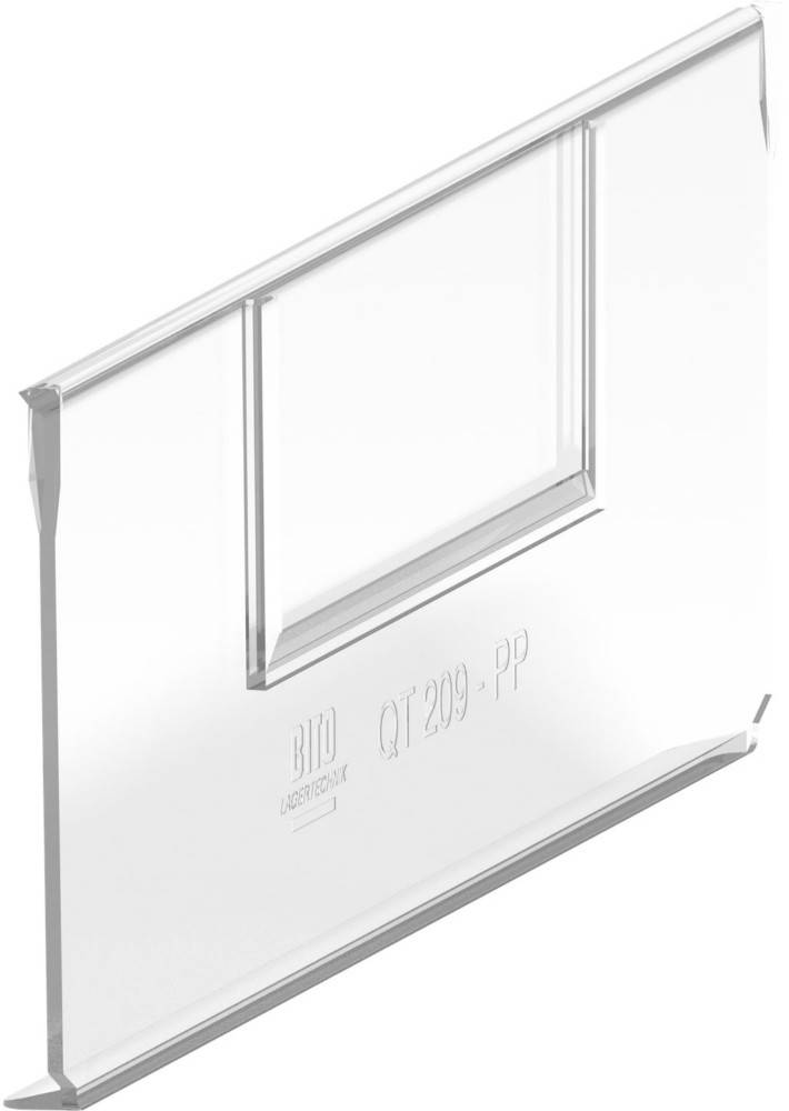 Klare Kunststoffprobe mit geätztem Text 'Bito QT 209 - PP', die eine Tropfkante und Paneeldesign für Lager- oder Organisationszwecke zeigt.