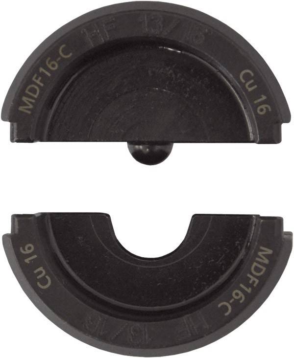 Zwei schwarze, halbkreisförmige Rohrbiegewerkzeughälften, gekennzeichnet mit ‚MDF16-C' und ‚Cu 16'.
