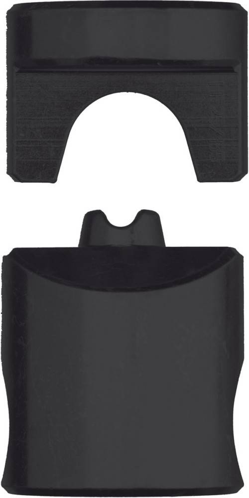 Schwarzes Objekt mit einem abgerundeten, hervorstehenden Zentrum an der Oberseite, vor einem weißen Hintergrund. Der Zweck oder die Funktion sind nicht ersichtlich.