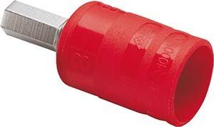 Ein roter Schraubendrehergriff mit einer metallischen Spitze, der einen strukturierten Griff aufweist.