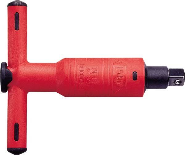 Ein roter T-förmiger Drehmomentschraubendreher mit einer Messskala und einer schwarzen Spitze, der für präzise Drehmomentanwendung bei elektrischen Installationen entwickelt wurde.