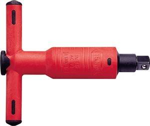 Ein roter, T-förmiger elektrischer Schraubendreher mit schwarzer Spitze, der sein ergonomisches Design und den Werkzeugbit für effiziente Nutzung präsentiert.