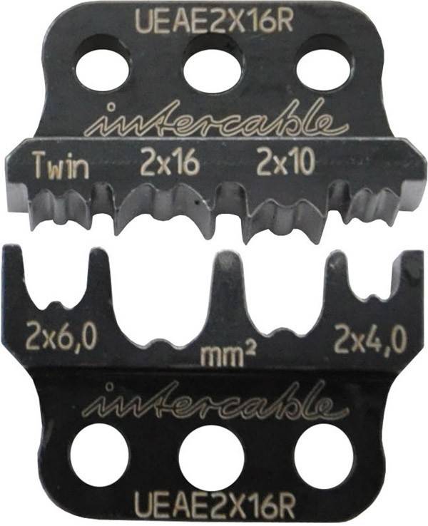 Nahaufnahme eines Metallcrimpwerkzeugs mit zwei Reihen, beschriftet mit „Twin