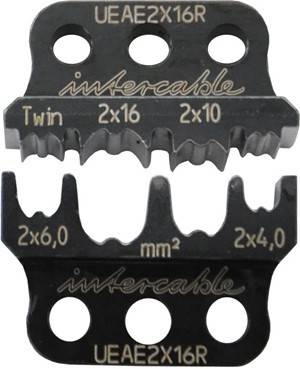 Crimpwerkzeug-Einsatz von Intercable mit Bezeichnungen 'Twin', '2x16', '2x10', '2x6,0 mm²' und '2x4,0 mm²', entwickelt für verschiedene Kabelquerschnitte.