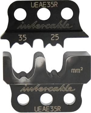 Metallwerkzeug mit gebogenen Einbuchtungen, beschriftet mit 'invercable'. Zahlen '35' und '25' sowie die Einheit 'mm²' geben Maßspezifikationen an.