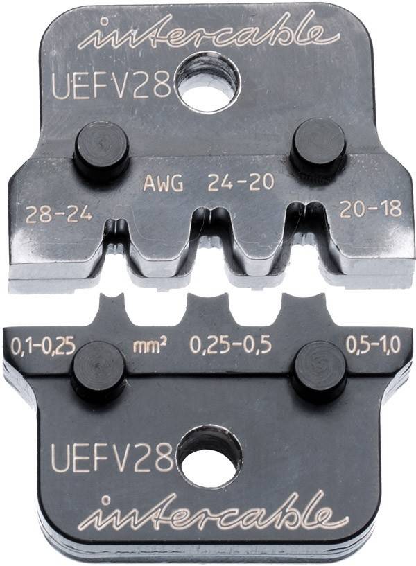 Crimpwerkzeug-Einsätze mit beschrifteten Drahtquerschnitt-Größen: 28-24, 24-20, 20-18 AWG und 0,1-0,25, 0,25-0,5, 0,5-1,0 mm².