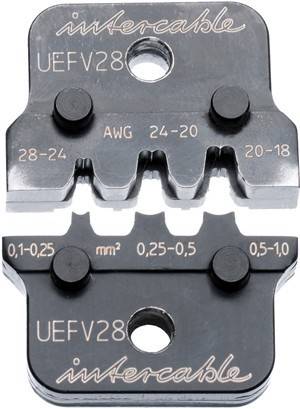 Crimpwerkzeug-Einsatz mit beschrifteten Aussparungen für Drahtgrößen '28-24 AWG' und '20-18 AWG' sowie Aussparungen für Millimetergrößen '0,1-0,25', '0,25-0,5', '0,5-1,0'.