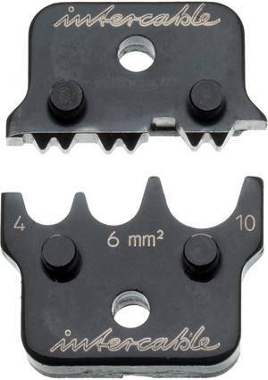 Zwei Metallschneidklingen mit den Maßangaben '4', '6 mm²' und '10', die Größen und Zahnsägedesign zum Abisolieren oder Schneiden von Drähten zeigen.