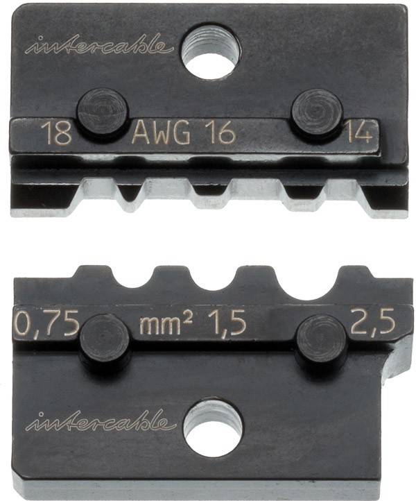 Crimpwerkzeug-Matrize mit beschrifteten Aussparungen für 18, 16, 14 AWG-Leitungen; Messungen in mm²: 0,75, 1,5, 2,5.
