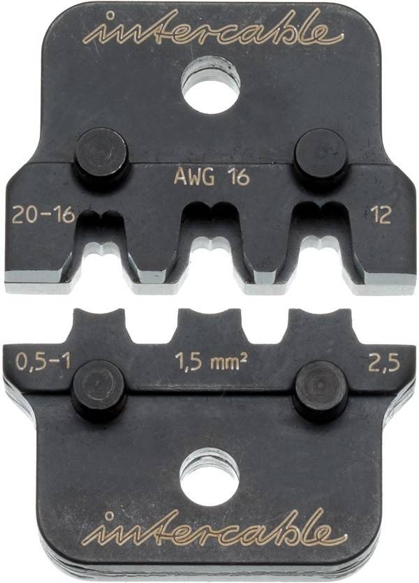 Nahaufnahme einer Kabelcrimpzange mit AWG 16, die verschiedene Größen von Crimpschlitzen zeigt, beschriftet mit '20-16', '12', '0.5-1', '1.5 mm²' und '2.5'.