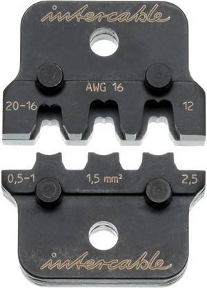 Crimpwerkzeug-Matrize mit angezeigten Drahtquerschnitten 'AWG 16', '20-16', '12' und Größen '0,5-1', '1,5 mm²', '2,5', zum Crimpen von Drähten.