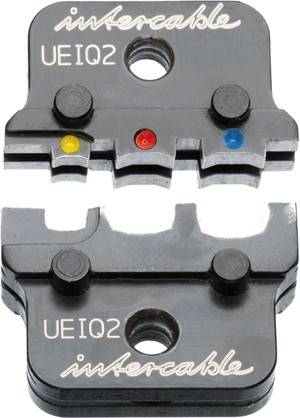 Nahaufnahme eines Metalwerkzeugteils mit der Markierung 'UEIQ2', versehen mit kreisförmigen Löchern und farbigen Indikatoren in Blau, Rot und Gelb.