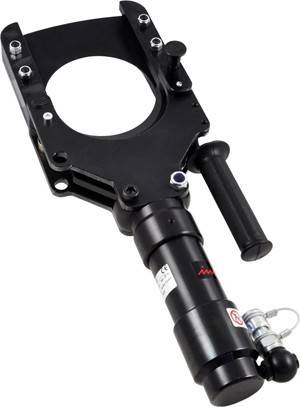 Ein Nahaufnahmebild eines schwarzen mechanischen Werkzeugs mit einem kreisförmigen Rahmen und einem Griff, möglicherweise ein spezialisierter Ausrüstungshalter oder eine Halterung.