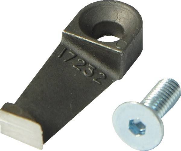 Eine schwarze Metallhalterung mit der Nummer 17232 eingeprägt, neben einer silbernen Schraube, auf weißem Hintergrund.