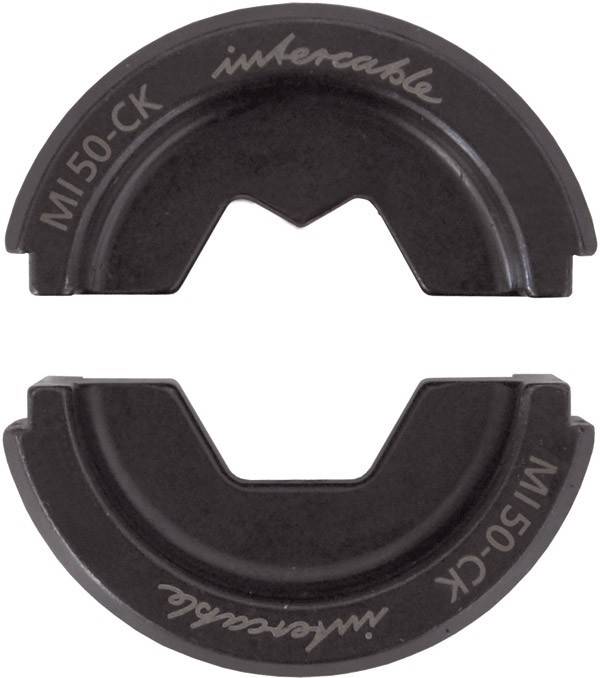 Eine schwarze Metallcrimpform mit der Bezeichnung MI50-CK in halbkreisförmiger Gestalt, verwendet für elektrische Kabelverbindungen.