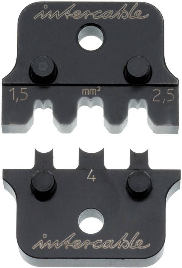 Nahaufnahme eines schwarzen Metallwerkzeugs mit Messmarkierungen '1,5 mm²' und '2,5 mm²' auf der Oberseite und '4' in der Mitte, das zur Kabelquerschnittsbestimmung verwendet wird.