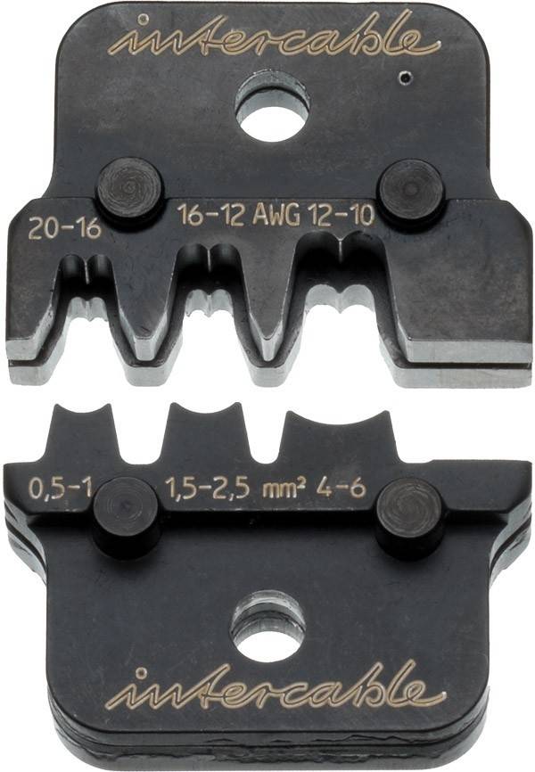 Nahaufnahme eines Metallcrimpwerkzeugs, das verschiedene Größenkerben mit Messungen von 0,5-1 mm bis 16-12 AWG zeigt.