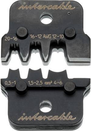 Crimpwerkzeug-Backen mit markierten Drahtgrößen: '20-16', '16-12 AWG' und '0,5-1', '1,5-2,5 mm²', die die Drahtkapazität für elektrische Verbindungen angeben.