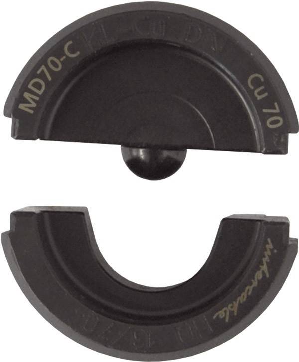 Ein geteilter kreisförmiger Metallgegenstand, beschriftet mit 'MD70 Cu 70', mit einer Kugelgelenkkonstruktion und zwei trennbaren Hälften.
