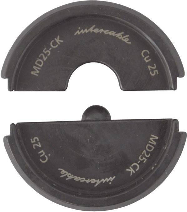 Zwei schwarze halbkreisförmige Metallcrimpwerkzeuge mit der Beschriftung 'intercable MD25-CK CU 25', die so gestaltet sind, dass sie sich um Kabel legen und sichere Verbindungen herstellen können.