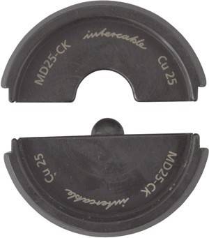 Halbkreisförmige Metallschneidform, auf jeder Hälfte mit 'MD25-CK' und 'invecable' beschriftet, die zum Formen oder Schneiden von Materialien verwendet wird.