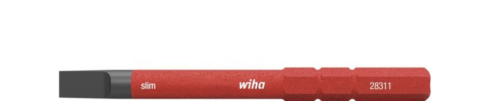 Roter Wiha Schraubendreher mit schlankem Griff und schwarzer Schaftspitze, horizontal auf weißem Hintergrund dargestellt.