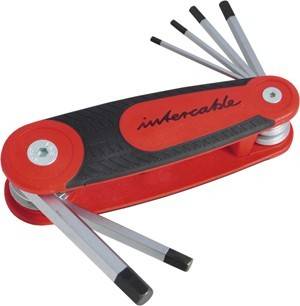 Ein Sechskant-Schlüsselsatz mit sechs verlängerten Inbusschlüsseln, rotem und schwarzem Griff mit 'intercable' Markenaufdruck.