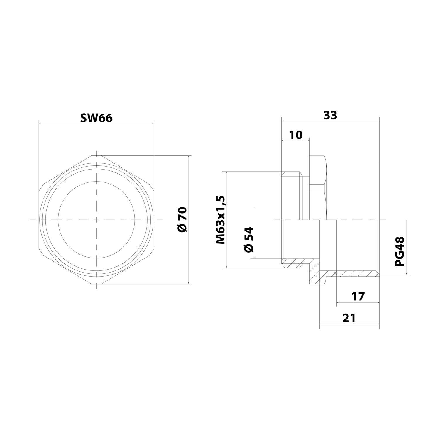 Technische Zeichnung einer sechseckigen Komponente mit Abmessungen: Außendurchmesser 70mm, Innendurchmesser 54mm, SW66, M63x1,5-Gewinde, Länge 33mm.