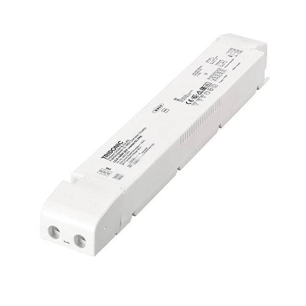Ein elektronischer LED-Treiber von Tridonic, rechteckiges weißes Gehäuse, Modellnummer LCBI 30W 350mA PH-C SR SNC, verwendet für LED-Beleuchtungssysteme.