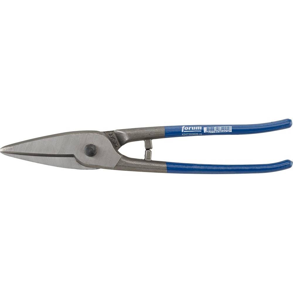 Metallische Blechschere mit blauen Griffen, auf weißem Hintergrund dargestellt.