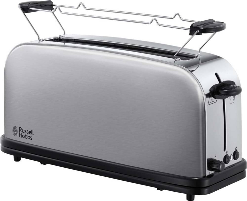 Ein Toaster aus Edelstahl mit einem Brotaufwärmregal auf der Oberseite, ausgestattet mit einem Drehknopf und Tasten an der Seite zum Auswählen von Einstellungen und Bräunungsstufen.