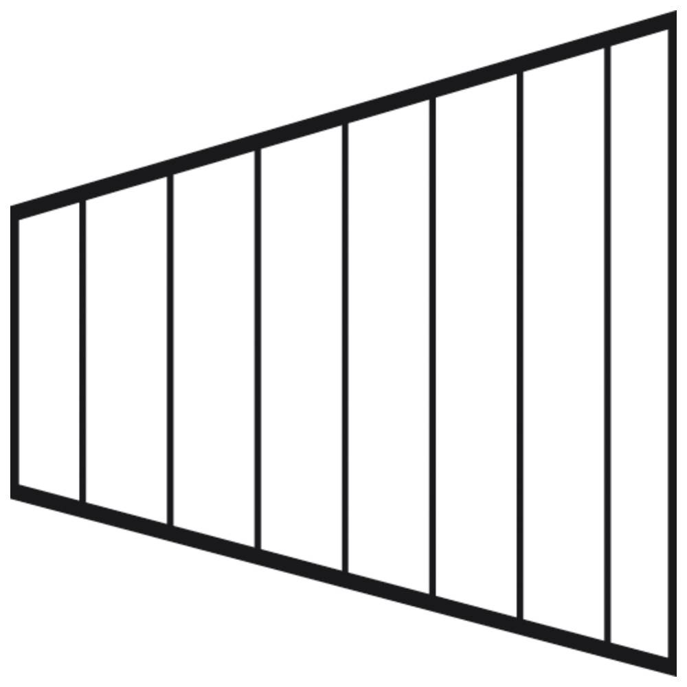 Eine Perspektivzeichnung eines Trapezes, das in gleiche vertikale Abschnitte unterteilt ist und ein Gefühl von Tiefe vermittelt.