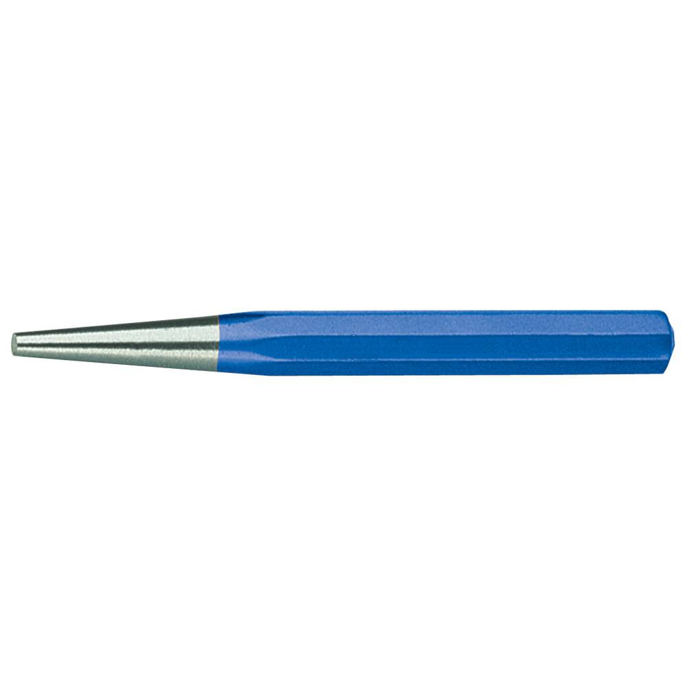 Ein Metallstanzwerkzeug mit einem blauen sechseckigen Griff und einem konischen, spitzen Ende, das zum Markieren oder Erzeugen kleiner Vertiefungen in Materialien verwendet wird.
