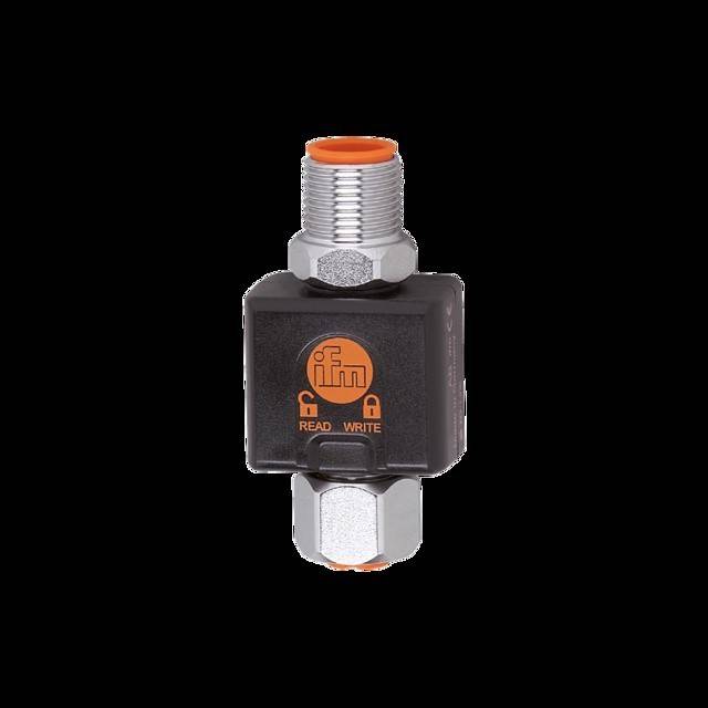 Ein zylindrischer Metallsensor mit einem orange-schwarzen Etikett von 'ifm', der Symbole für Lese- und Schreibfunktionen zeigt und in Automatisierungssystemen verwendet wird.
